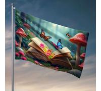 Divertente decorazione per dormitorio, una scena magica della foresta con un libro aperto circondato da fiori, bandiere per camera da letto per ragazzi, poster divertenti per dormitorio universitario