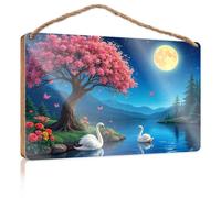 Divertente decorazione per la casa, cigni vicino al lago al chiaro di luna con fiori di ciliegio, cartello in legno per portico anteriore e autunnale, decorazione per esterni (15 x 28 cm)