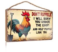 Divertente decorazione per la casa, con scritta in inglese "Don't Ruffle, I'Ll Bury You Under The Coop!", cartello in legno divertente per bar, per la decorazione della casa (23 x 35 cm)