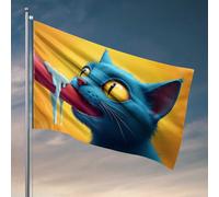 Divertente decorazione per la stanza con gatto blu che sorseggia latte da bandiera di paglia rossa, bandiere da uomo per grotte invernali da giardino (60 x 90 cm)