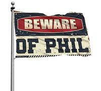 Divertente decorazione per la stanza con scritta "Beware Of Phil" bandiera retrò per ragazzi (60 x 90 cm)