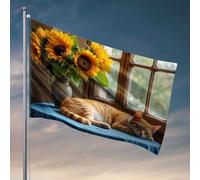 Divertente decorazione per la stanza con un gatto zenzero su un tavolo accanto a un vaso di girasoli. Bandiera decorazioni per esterni per patio uomo accessori per grotte (152 x 244 cm)