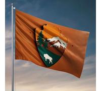 Divertente decorazione per patio con montagna, alberi, bisonte, cartello a forma di scudo. Bandiera occidentale per la casa divertente decorazione per bar (120 x 180 cm)