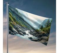 Divertente decorazione per patio linea rocce un fiume che scorre attraverso una valle di montagna. Bandiera bar uomo decorazione grotta camera dormitorio uomo (152 x 244 cm)