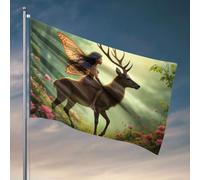 Divertente decorazione per patio Una fata cavalca un maestoso cervo attraverso una foresta piena di fiori. Bandiera occidentale decorazione per la casa divertente decorazione per bar (60 x 90 cm)