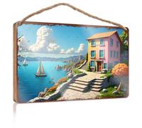 Divertente decorazione per portico con sogno costiero, una casa pastello sul mare con barche a vela e lussureggiante cartello in legno decorazione per casa colonica bagno piscina (20 x 30 cm)