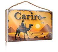 Divertente decorazione per portico uomo che cavalca un cammello davanti alle piramidi con aeroplani che volano sopra cartello boscoso decorazione per casa colonica bagno piscina (15 x 28 cm)