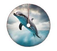 Divertente delfino guardando la tua stampa albero di Natale gonna, tappetino decorativo per la casa di vacanza in lino con bordo rilegato per festa di Natale e Capodanno