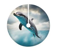 Divertente delfino guardando la tua stampa albero di Natale gonna, tappetino decorativo per la casa di vacanza in lino con bordo rilegato per festa di Natale e Capodanno