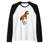Divertente Disegno del Fumetto del Cavallo Che Fa Snorkeling Animale Sveglio Ara Maglia con Maniche Raglan