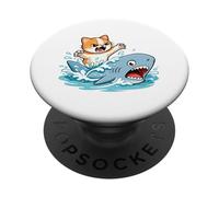 Divertente disegno di cartone animato con gatto impavido che cavalca uno squalo PopSockets PopGrip Adesivo