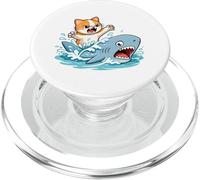 Divertente disegno di cartone animato con gatto impavido che cavalca uno squalo PopSockets PopGrip per MagSafe