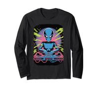 Divertente DJ Alieno sui mazzi di mixaggio, vibranti Vibrazioni di Musica EDM fantascientifica Maglia a Manica