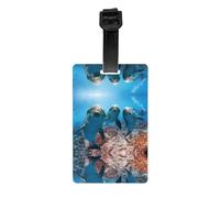 Divertente etichetta stampata con delfino che ti guarda, utilizzata per accessori essenziali da viaggio, borse per bagagli, zaini.