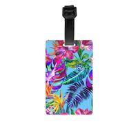 Divertente etichetta stampata con fiori rosa e piante tropicali, utilizzata per accessori essenziali da viaggio, borse per bagagli, zaini.