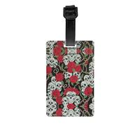 Divertente etichetta stampata con teschio e rosa rossa, utilizzata per accessori essenziali da viaggio, borse per bagagli, zaini.
