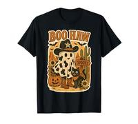 Divertente Fantasma Boo Haw Cowboy Halloween Western Spooky Cat Fun Maglietta
