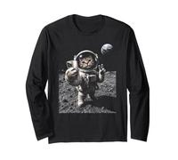 Divertente Gatto Astronauta Luna Atterraggio Victory Selfie con Terra Maglia a Manica