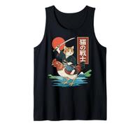 Divertente Gatto cavalcando Pollo Giapponese Anime Kawaii Samurai Gatto Canotta