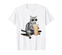 Divertente Gatto Che beve caffè Freddo sullo Skateboard Amante del caffè Maglietta