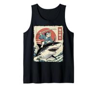 Divertente Gatto Che cavalca Lo squalo Giapponese Ukiyo-e Art Samurai Cat Canotta