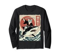 Divertente Gatto Che cavalca Lo squalo Giapponese Ukiyo-e Art Samurai Cat Maglia a Manica