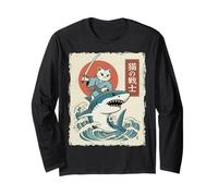 Divertente Gatto Che cavalca Lo squalo Giapponese Ukiyo-e Art Samurai Cat Maglia a Manica