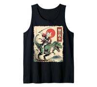 Divertente Gatto Che cavalca T-Rex Giapponese Ukiyo-e Art Samurai Cat Canotta
