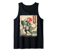 Divertente Gatto Che cavalca T-Rex Giapponese Ukiyo-e Art Samurai Cat Canotta