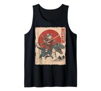 Divertente Gatto Che cavalca T-Rex Giapponese Ukiyo-e Art Samurai Cat Canotta