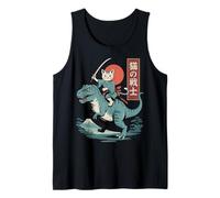 Divertente Gatto Che cavalca T-Rex Giapponese Ukiyo-e Art Samurai Cat Canotta