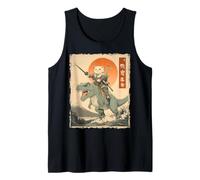 Divertente Gatto Che cavalca T-Rex Giapponese Ukiyo-e Art Samurai Cat Canotta