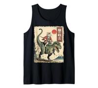 Divertente Gatto Che cavalca T-Rex Giapponese Ukiyo-e Art Samurai Cat Canotta