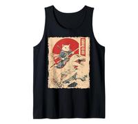 Divertente Gatto Che cavalca T-Rex Giapponese Ukiyo-e Art Samurai Cat Canotta