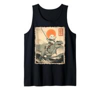 Divertente Gatto Che cavalca T-Rex Giapponese Ukiyo-e Art Samurai Cat Canotta