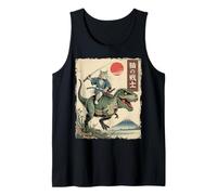 Divertente Gatto Che cavalca T-Rex Giapponese Ukiyo-e Art Samurai Cat Canotta