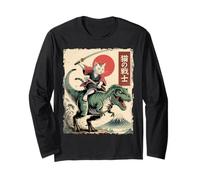 Divertente Gatto Che cavalca T-Rex Giapponese Ukiyo-e Art Samurai Cat Maglia a Manica
