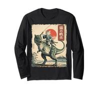 Divertente Gatto Che cavalca T-Rex Giapponese Ukiyo-e Art Samurai Cat Maglia a Manica