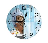 Divertente gatto che fa il bagno Orologio da parete blu Orologio da tavolo rotondo a batteria decorativo silenzioso senza ticchettio Facile da leggere per la decorazione domestica Soggiorno Cucina Uff