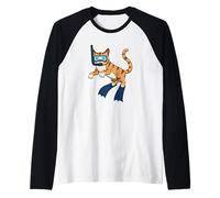 Divertente Gatto Che Fa Snorkeling con Disegno di Cartoni Animati Carino subacqueo Maglia con Maniche Raglan
