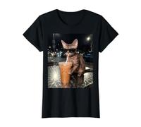 Divertente Gatto Devon Rex Che beve caffè Freddo Gatto Divertente Maglietta con Stampa Grafica Economica, Donna, Nero, L