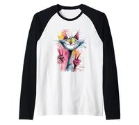 Divertente Gatto Doppia Pace Graffiti Pop Carattere Grafico Segno Maglia con Maniche Raglan