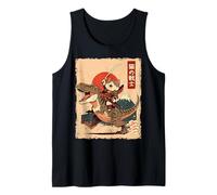 Divertente Gatto Kawaii Che cavalca T-Rex Arte Giapponese Samurai Cat Canotta
