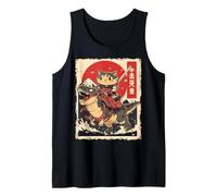 Divertente Gatto Kawaii Che cavalca T-Rex Arte Giapponese Samurai Cat Canotta
