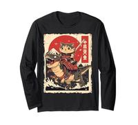Divertente Gatto Kawaii Che cavalca T-Rex Arte Giapponese Samurai Cat Maglia a Manica