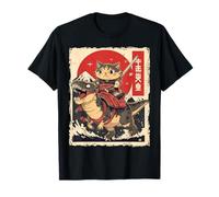 Divertente Gatto Kawaii Che cavalca T-Rex Arte Giapponese Samurai Cat Maglietta