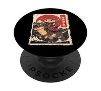 Divertente gatto kawaii che cavalca T-Rex arte giapponese Samurai Cat PopSockets PopGrip Adesivo