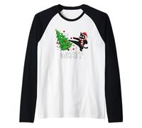 Divertente Gatto Nero Che Fa Karate spingendo L'Albero di Natale Cosa? Maglia con Maniche Raglan