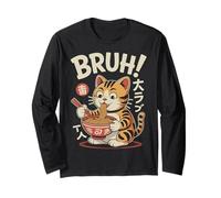 Divertente Gatto Ramen Giapponese Bruh! Tatuaggio Kawaii Anime Cat Maglia a Manica