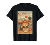 Divertente Gatto Samurai Che beve Ramen sotto Il Monte Fuji e Sakura Maglietta